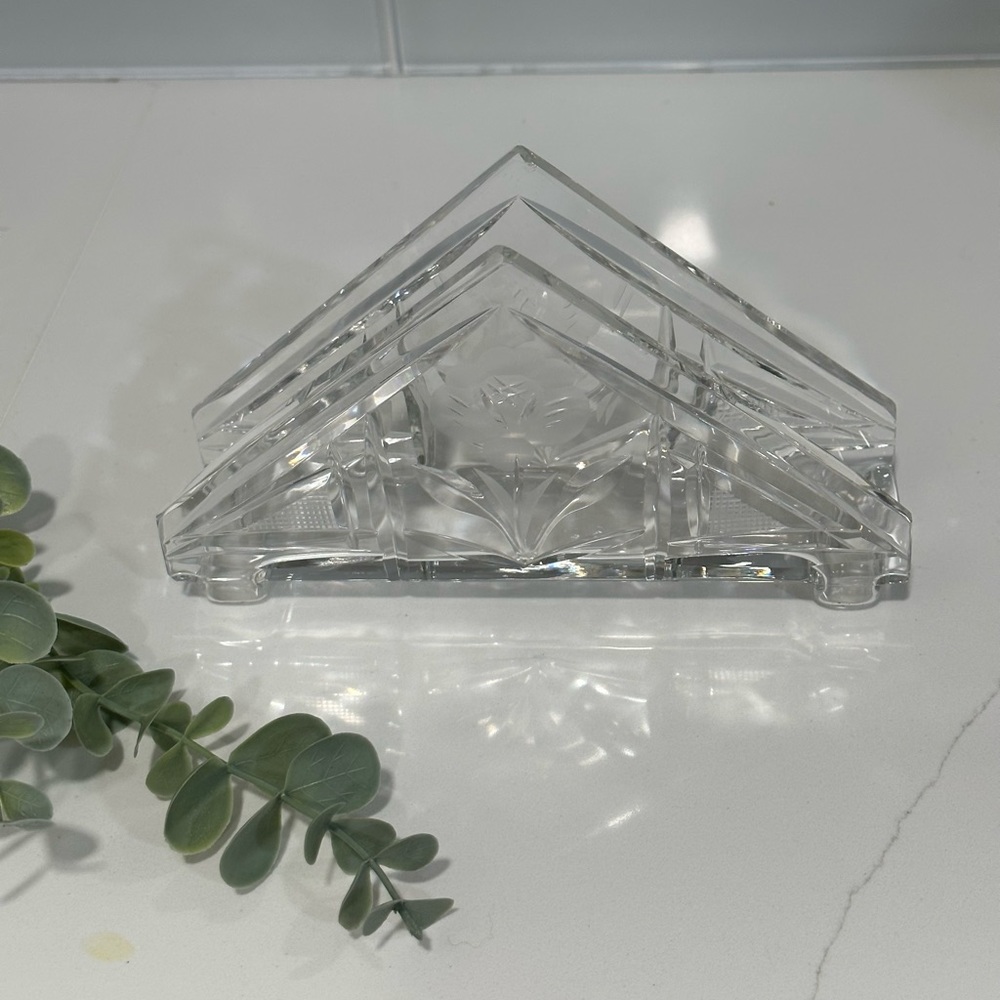 Vintage Crystal Napkin Holder Clear Crystal Glass With Flower Mid Century Modern